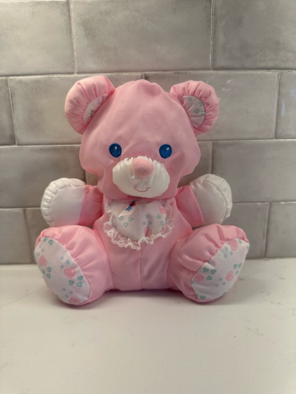 VTG Fisher Price Puffalump 9” Baby Pink Nylon Teddy Bear Rattle Lovey Vintage 94